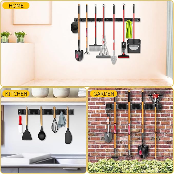 SLIIMU Movable 15'' Broom and Mop Holder Wall Mount with Sliding 3 Racks 4 Hooks, Storage Organizer Wall Hanger, Cleaning Tool Hanging Grippers for Kitchen Bathroom Garden Garage Laundry Home Closet