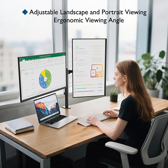 BONTEC Dual Monitor Desk Mount, Full Motion Adjustable Monitor Stand for 13–27 Inch Screens, Heavy Duty Arms Hold Up to 22 lbs Each, VESA 75x75/100x100 mm, C Clamp and Grommet Base, Cable Management