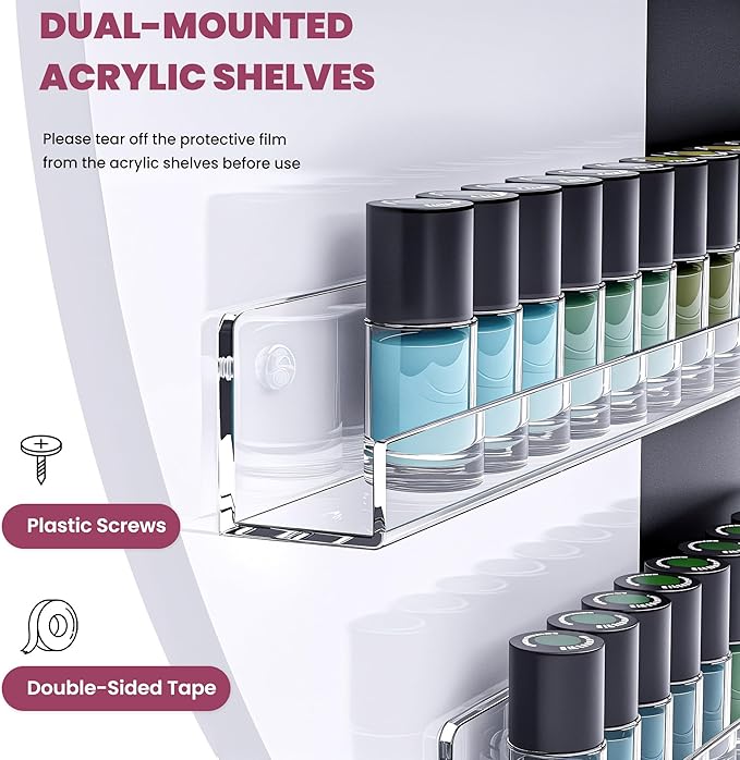 Wall Mount Nail Polish Organizer, Wood Nail Polish Rack w/Acrylic Barrier, 5-Tier Round Storage & Display Shelf, Perfume Essential Oil Bottles Holder, White & Black
