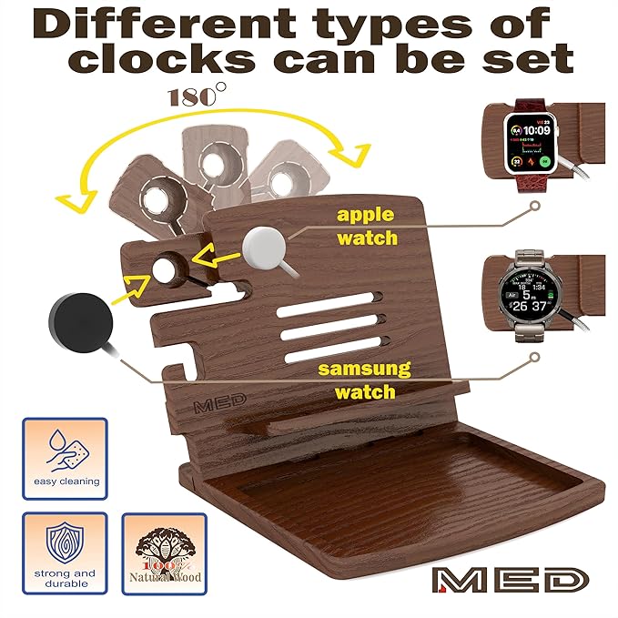 MED Wood Phone Docking Station – Nightstand Desk Organizer for Phone, Watch, Wallet & Tablet – Gift for Men, Husband, Dad & Women – Wooden Charging Stand (Black, Model 1)