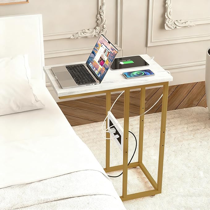 VECELO C Shaped End Side Table with Charging Station & Power Outlets for Couch Sofa/Bed, Snack TV Tray with Metal Frame for Living Room Bedroom 2 PCS, Gold