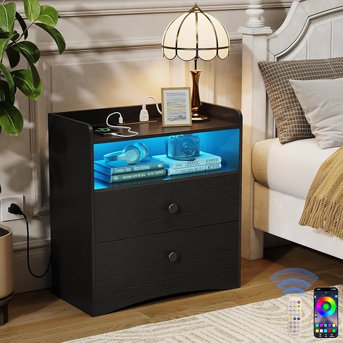 Nightstand with Charging Station and LED Light,Modern Nightstand with USB Ports and Outlets,Wooden Bedside Tables with 2 Storage Drawers,Small Dresser for Bedroom Small Space,Black