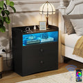 Nightstand with Charging Station and LED Light,Modern Nightstand with USB Ports and Outlets,Wooden Bedside Tables with 2 Storage Drawers,Small Dresser for Bedroom Small Space,Black