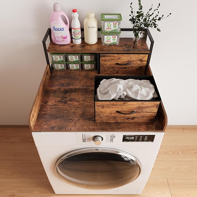2-Tier Washer Dryer Countertop single with shelf and fabirc drawer,laundry topper with Edge and Non-Slip Pad for Washer Dryer Laundry Hamper Counter Storage Organization (rustic brown, single)