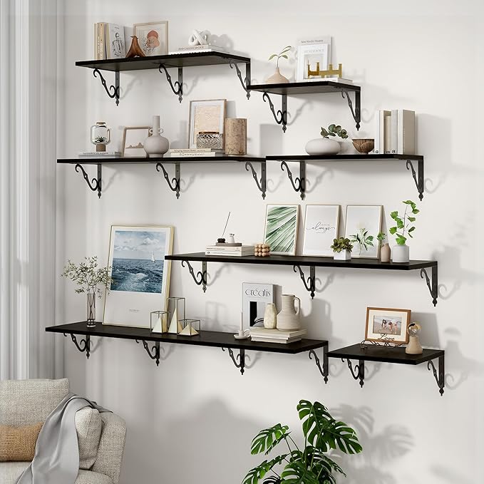 Fun Memories 55 Inch Floating Shelves, Long Floating Shelves Wall-Mounted, 12 Inch Deep Bookshelf with Bracket, 55" W x 12" D Shelves for Wall Display & Storage, Black, Set of 2