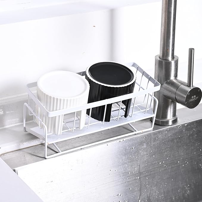 Ceramic Sponge Holder for Kitchen Sink - Dishwasher Safe Porcelain Dish Sponge Caddy Minimalist Vertical Stripes, Scrub Daddy Drying Rack for Countertop, Bathroom, Kitchen Sink Organizer, Black