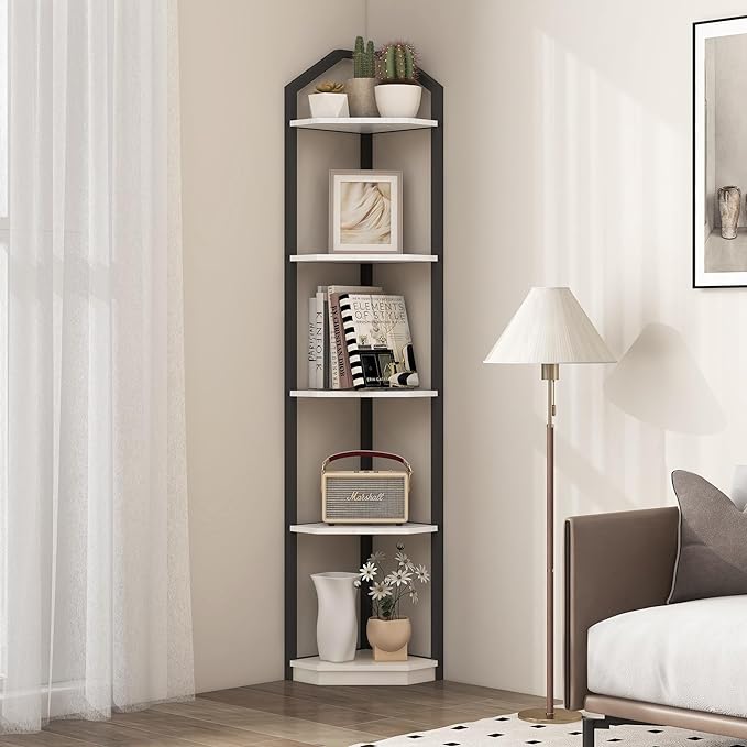 Fun Memories 5 Tier Corner Shelf, 70” Corner Shelf Stand, Corner Bookshelf Plant Stand, Storage Shelf for Bathroom, Living Room, Kitchen,Home Office, White