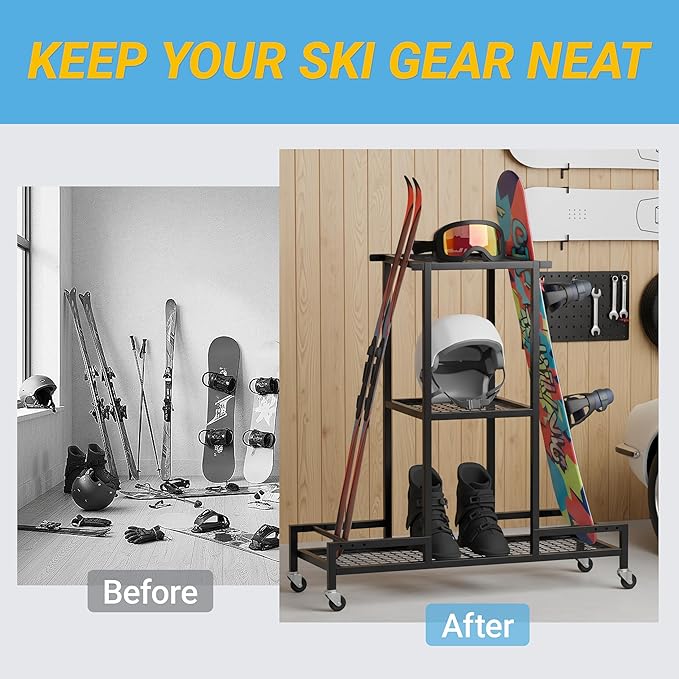 Standing Ski Storage Rack, Holds Snowboards & Skis, 3-Tier Organizer for Gear, Black - Ski Rack for Garage with Anti-Slipmat