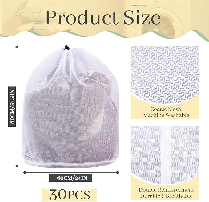 24 Pcs 24 * 32 Inches Fine Mesh Laundry Bag with Drawstring Large Heavy Duty Mesh Bag Machine Washable Sheet Drawstring Net for Delicates College Dorm