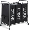 STORAGE MANIAC 3 Section Laundry Sorter, 35.9 Gal (136 L) Laundry Hamper Cart with Heavy Duty Rolling Lockable Wheel and Removable Bag, Clothes Organizer Basket Clothes Separator Hamper, Label Black