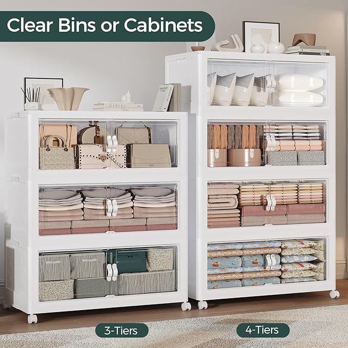 880QT Extra Large Stackable Storage Bins with Lid, 220Gal Collapsible Closet Organizer Box with Wheels, Folding Plastic Storage Cabinet with Doors for Home Kitchen Office Dorm, 4Pack White