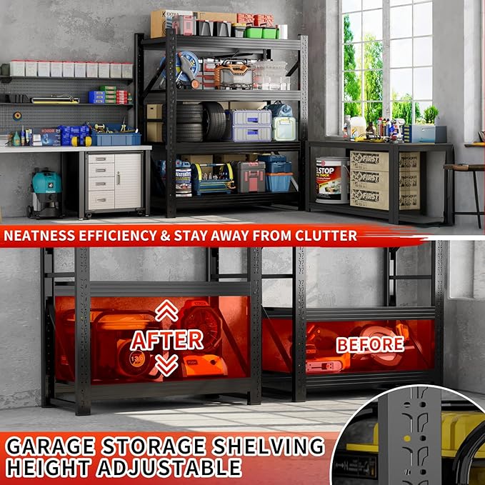 5000LBS Storage Shelves, 59" W Garage Shelving Heavy Duty Adjustable Shelving Units, 4 Tier Metal Garage Shelves Industrial Shelving for Garage, Warehouses, Basement, Black