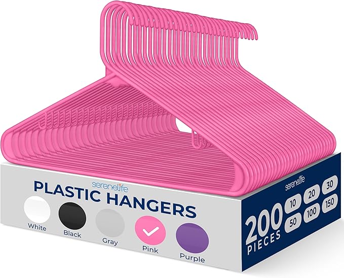 SereneLife 200 Pink Plastic Hangers Non-Slip Heavy Duty Coat and Clothes Hanger Set Slim Durable Space-Saving Closet Organizer Wardrobe Storage Home Bedroom 5.5 lb Capacity
