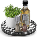 Black and White Kitchen Lazy Susan Turntable – Checkered Round Decorative Tray, 10” Table Top Oak Wood Lazy Susan for Cookies, Dining Table Organizer, Small Kitchen Table Centerpiece