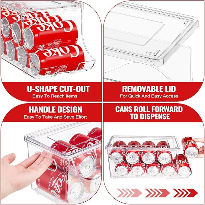 4 Pack Stackable Refrigerator Organizer, Soda Can Dispenser Pop Cans Container Beverage Holder with Lid for Fridge, Freezer, Kitchen, Clear Plastic Storage Bins-Holds 10 Cans Each