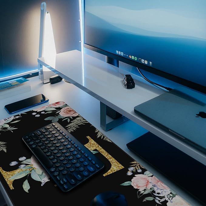 Desk Mat, Flower Golden Letters F Extended Gaming Mouse Pad Large, 35.4"x15.7" Big Mouse Pad with Non-Slip Base and Stitched Edge, Long Computer Keyboard Mouse Mat for Home Office Work