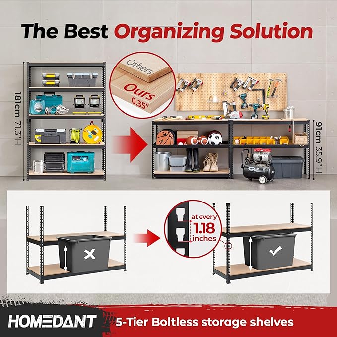 HOMEDANT 5 Tier Storage Shelves Adjustable Laminated Boltless Garage Metal Shelving Unit Heavy Duty Utility Rack Shelf Warehouse Pantry Closet Kitchen (4, (XL Deep) 48.1" W, Black)