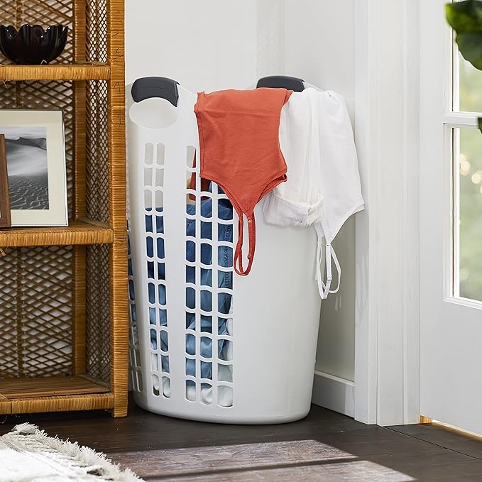 Gracious Living Easy Carry Flex Hamper, Large 87.5 Liter Lightweight Plastic Ventilated Laundry Basket Clothes Bin with Handles, White 3 Pack
