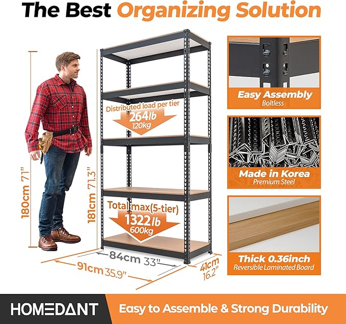 HOMEDANT 5 Tier Storage Shelves Adjustable Laminated Boltless Garage Metal Shelving Unit Heavy Duty Utility Rack Shelf Warehouse Pantry Closet Kitchen (1, (M) 35.9" W, Black)