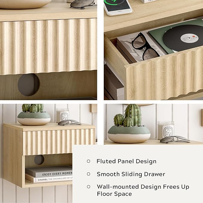 Floating Nightstand with Drawer and Open Shelf, Small Wall Mounted Bedside End Table, Modern Fluted Night Stand for Bedroom, Living Room, Light Oak
