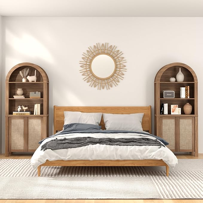 Yechen Arched Bookcase, 70.5" Tall Bookcase with Storage, Mid-Century Modern 5 Tier Bookshelves with Door, Boho Rattan Bookshelf for Living Room Kitchen Office Bedroom Library, Natural Walnut,1 PCS