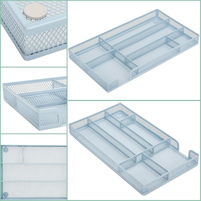 Annova Desk Drawer Organizer/Storage Tray - Metal Mesh with Dividers for Pens, Desktop Accessories, Bathroom, Kitchen, Makeup and Office Supplies (Small, Morandi Blue)