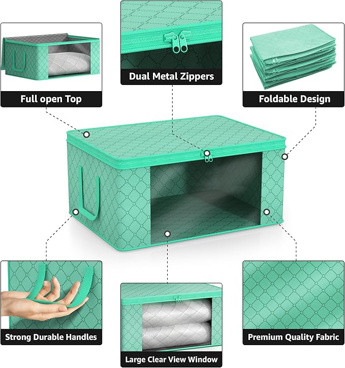 Sorbus Medium Clothes Storage Bags - Foldable Blanket Storage Bins for Organizing Bedroom, Closet, Clothing, Comforter, Organization with Clear Window, Lids and Carry Handles - Set of 6