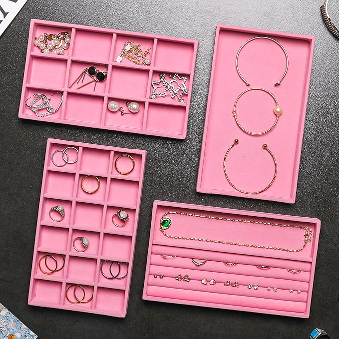 Frebeauty Jewelry Organizer Tray,Stackable Velvet Jewelry Trays,Drawer Inserts Earring Organizer For Women Jewelry Storage Display Case for Rings Stud Necklaces,Set of 6(Pink)