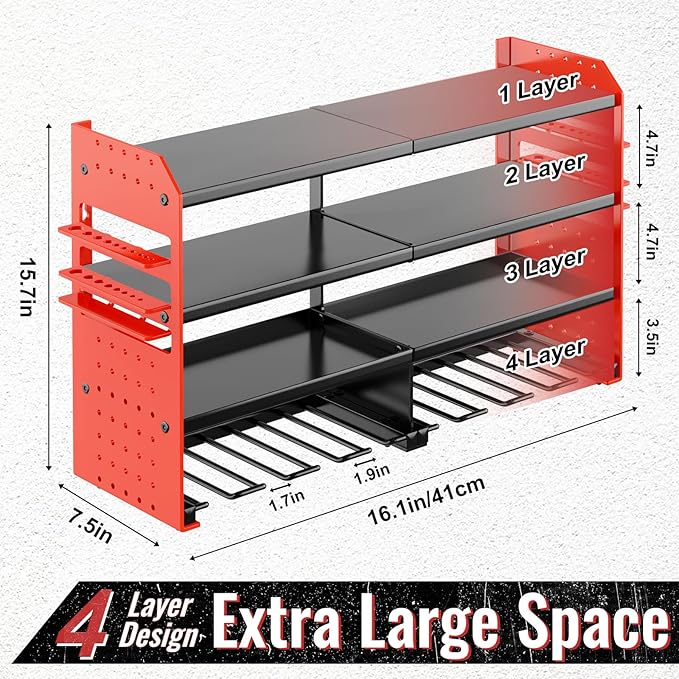 Metal Power Tool Organizer Rack Wall Mount, Garage Tool Drill Storage Shelves with Screwdriver Plier Holder (Red, 8 Drills Holder)