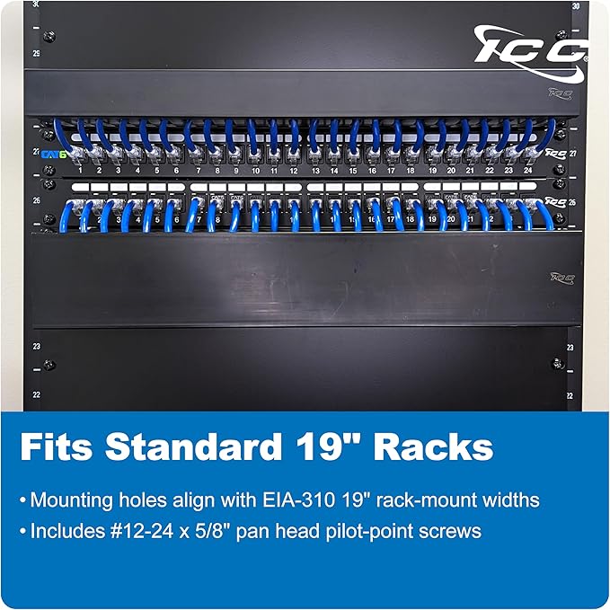 ICC 2U Finger Duct Cable Manager Panel with Cover, Plastic with Metal Back Frame, 5" Depth, Horizontal Cable Management, Rackmount for 19” Network Racks, Black, Single Pack