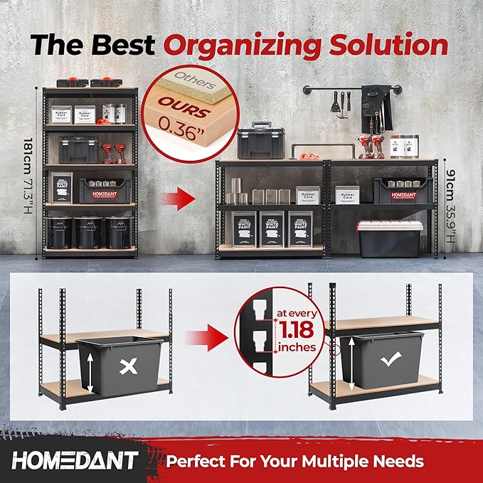 HOMEDANT 5-Tier Laminated Boltless Heavy Duty Metal Shelving Unit Adjustable Garage Storage Utility Rack Shelves Organization Multipurpose Shelf Warehouse Industrial (2, (L) 39.8" W, Black)