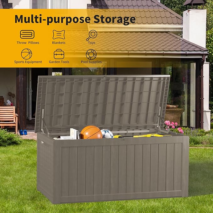 150 Gallon Deck Box, Resin Outdoor Indoor Waterproof Storage Box, Lockable Storage Box With Handle for Patio Furnitures - Garden Tools - Swimming Pool Tools UV-Resistant, Grey