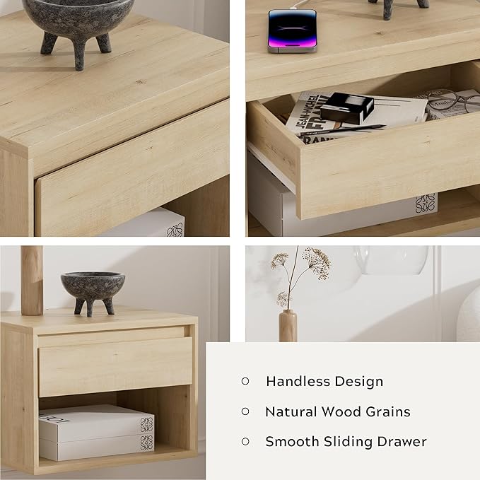 Mid Century Modern Floating Nightstand, Wall Mounted End Table with Drawer and Open Compartment Wooden Bedside Night Stand Small Storage Cabinet for Bedroom, Light Oak