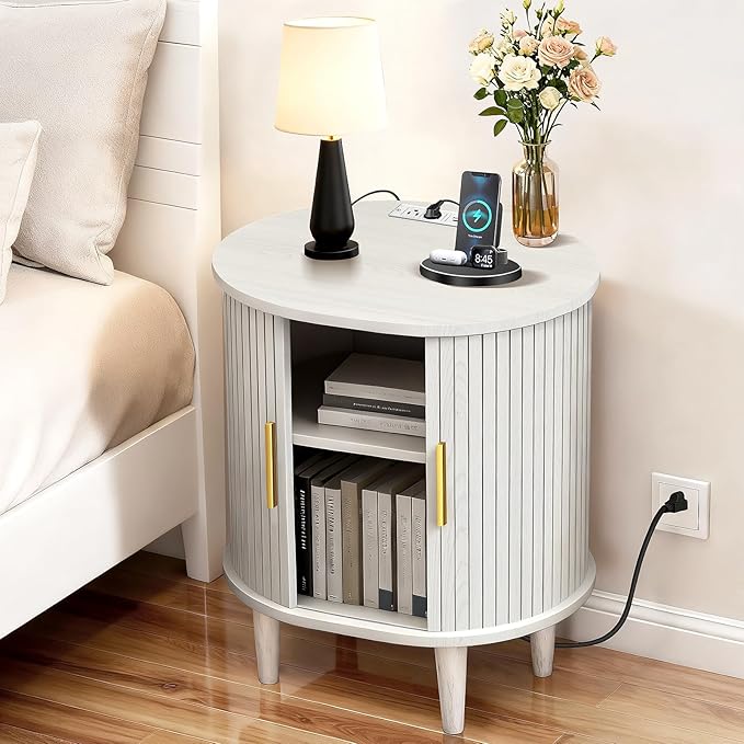 Nightstands Set of 2 & Charging Station, Fluted Accent Side Table with Sliding Door & Adjustable Shelf, Mid-Century Modern End Table for Small Space, Living Room, Bedroom(2, White)