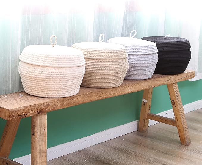 Sea Team Round Cotton Rope Storage Basket with Lid, Decorative Woven Storage Bin, Pot, Caddy, Organizer, Container for Snacks, Towels, Plants, 13 x 9 Inches (Large, Grey)