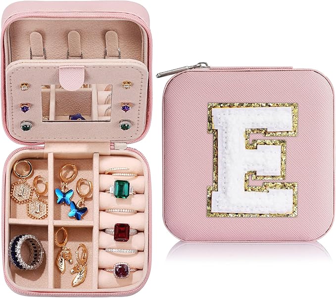 Parima Gifts for Teen Girls - 2025 Travel Jewelry Case Gifts Ideas, 6,7,8,9,10,11,12,13,14 Year Old Girl Birthday Gift Travel Jewelry Organizer Christmas Gifts for Daughter - Letter E, Pink