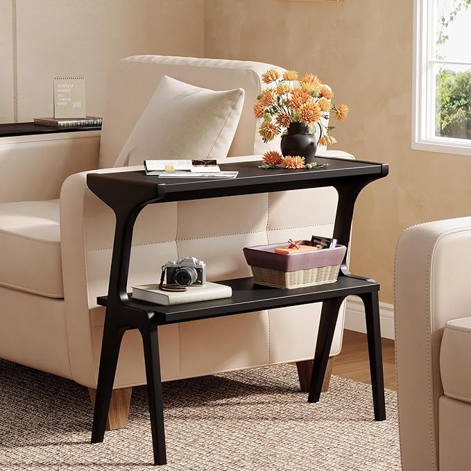Solid Wood End Table, 2-Tier Side Table with Storage Shelf, Wooden Modern Accent Slim Bedside Table for Sofa, Living Room, Bedroom, Small Space, Easy Assembly, Black