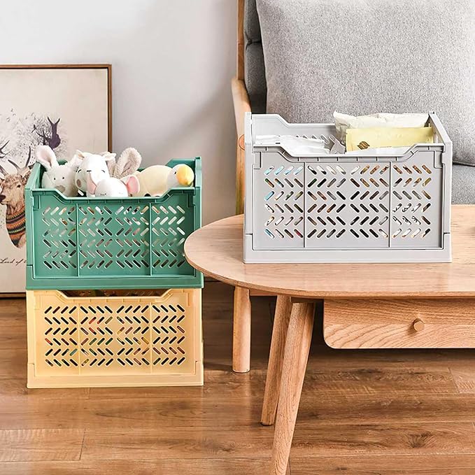 Domiella 2-Pack Crates for Storage, Storage Crates Plastic Stackable, Foldable Crate for Office Home Kitchen Bedroom Bathroom (Tall, Green)