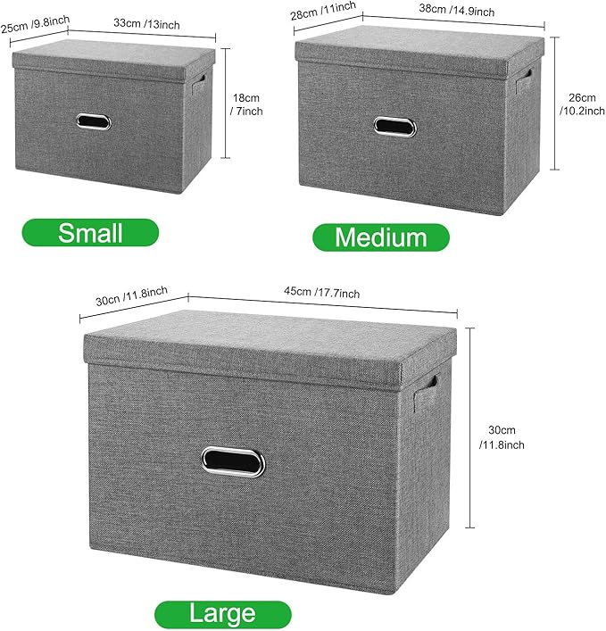 Large Linen Collapsible Storage Bins with Removable Lids and Handles, Washable Storage Box Containers Baskets Cube with Cover for Bedroom,Closet,Office,Living Room,Nursery (Grey, Large)