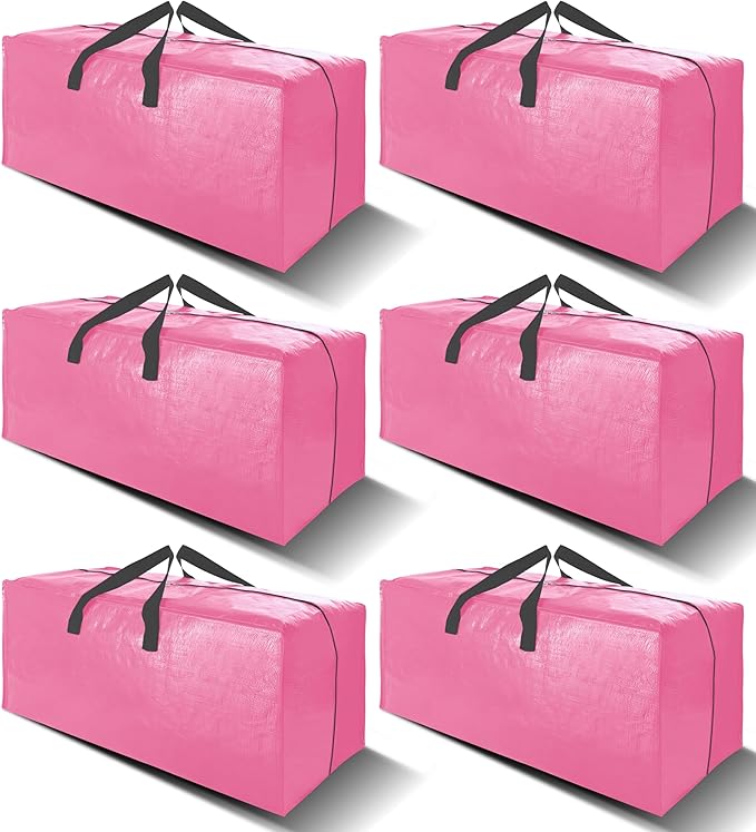 6 Pack Heavy Duty Large Moving Bags W/Backpack Straps - Strong Handles & Zippers, Storage Totes For Space Saving, Fold Flat, Alternative to Moving Box and Storage Bin, Pink