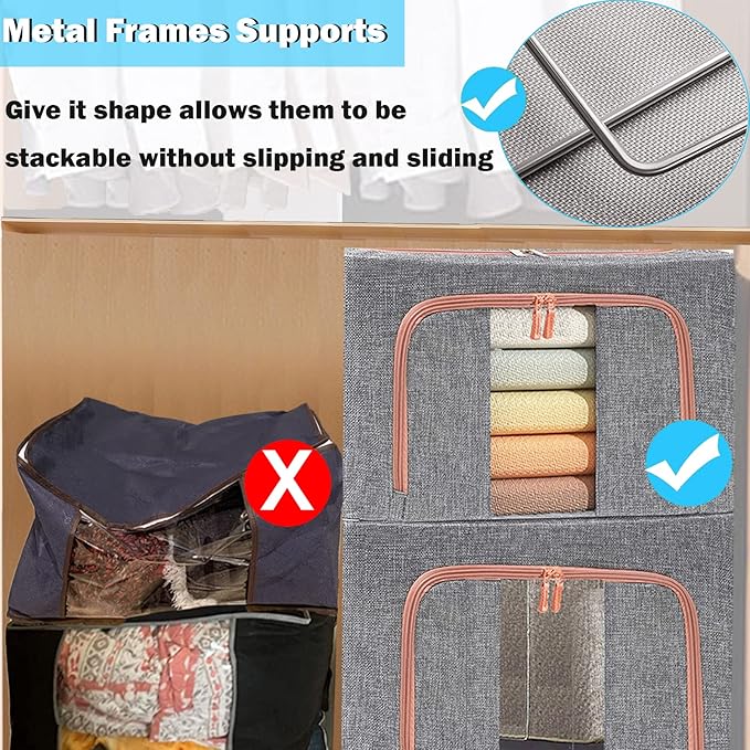 Extra Large Clothes Storage Bins with Metal Frame, Foldable Organizer for Home Organization, 2-Way Zipper, Clear Window Storage Bags for Clothes, Bedding, Seasonal Storage, 100L x 3Pack