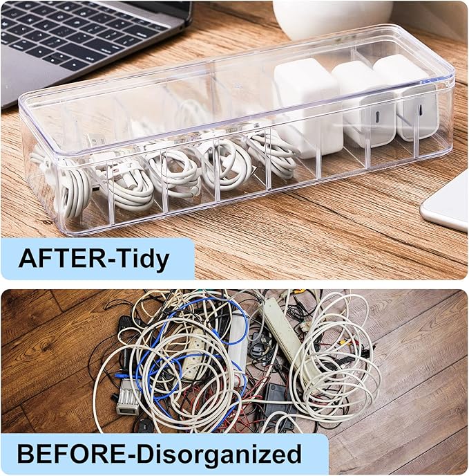Tatuo 4 Pcs Cable Organizer Box with Wire Ties, Plastic Cord Storage Box with Lid, Electronics Organizer for Home Office Desk Organizers and Accessories (Clear)