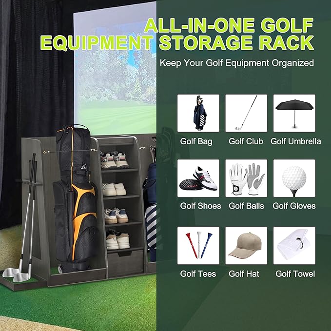 Wooden Golf Bag Storage Organizer Fits 2 Bags and Multiple Golfing Equipment Accessories, Golf Bag Rack Club Stand Holder Great Gifts for Any Level Golfer