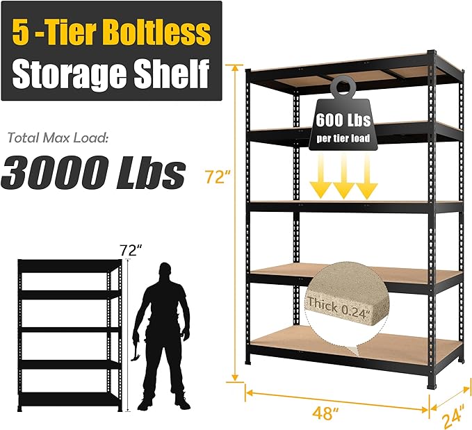 PrimeZone 4 Pack Storage Shelves 48" x 24" x 72", 5 Tier Adjustable Garage Storage Shelving, Heavy Duty Metal Storage Utility Rack Shelf Unit for Warehouse Pantry Closet Kitchen, Black