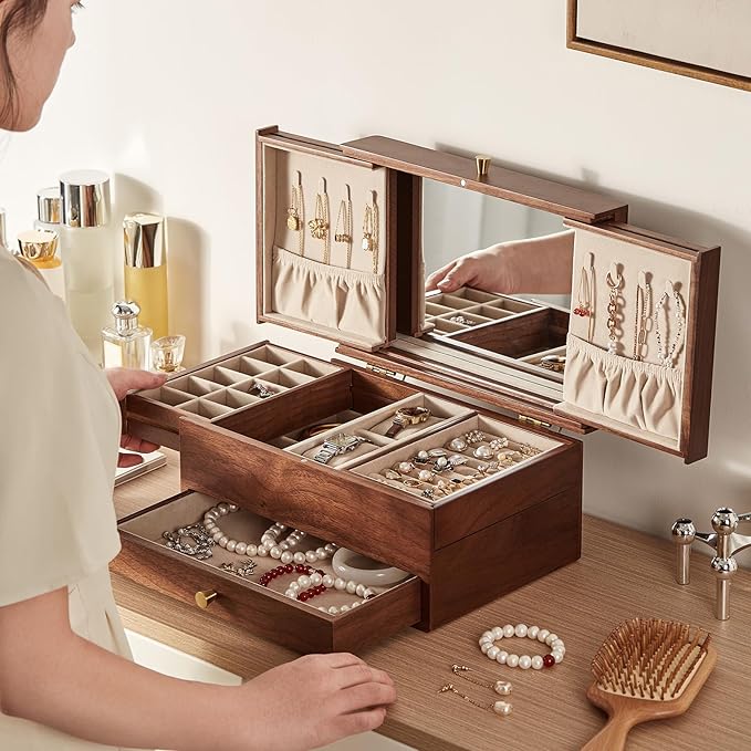 Wooden Jewelry Box for Women, 3 Level Multi-functional Drawers Black Walnut Jewelry Organizer Box, Watch, Necklace, Ring, Earring Storage Gifts(With Mirror B)