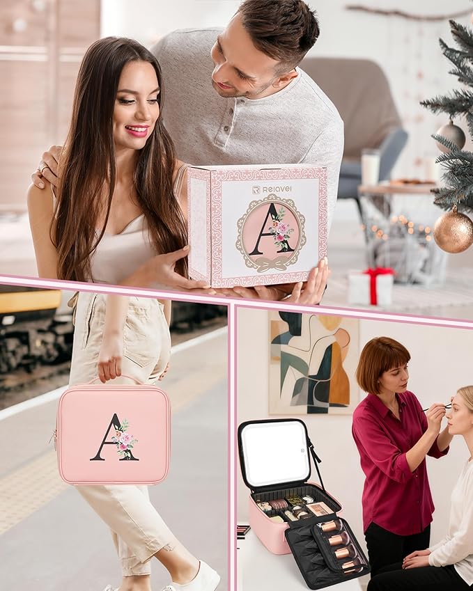 Relavel Initial Makeup Bag with LED Mirror for Women Girls, Personalized Travel Cosmetic Organizer Train Case, Birthday Gifts for Grandkids Bridesmaid Graduation Teacher Friends, Trendy Stuff, Pink E