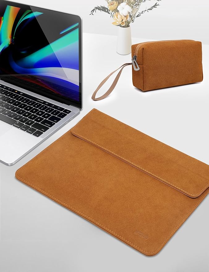 HYZUO 15-16 Inch Laptop Sleeve Bag with Adjustable Stand Feature for MacBook Pro 16 M4/M3/M2/M1 2025-2019, XPS 15, MacBook Pro 15 2015-2012, Case with Pouch, Brown