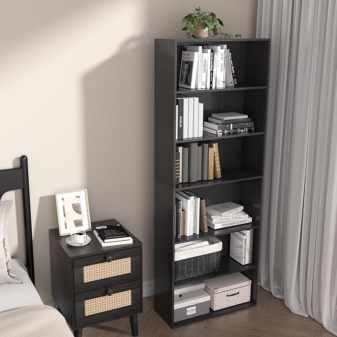 Wooden 6 Tier Book Shelf, 6 Cube Storage Organizer,6 Tier Low Bookcase Storage Display Organizer, 64 Inch Versatile Cubes Shelf and Cubby Unit for Any Space (Black, 6 Cube-W(23.6inch)