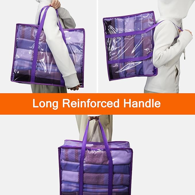 Vieshful 90L Clear Clothes Storage Bag Colorful Clothes Organizer with Zipper Vinyl Storage Bag for Comforter, Blanket, Bedding, Duvet, Transparent Moving Totes 3 Pack, Purple