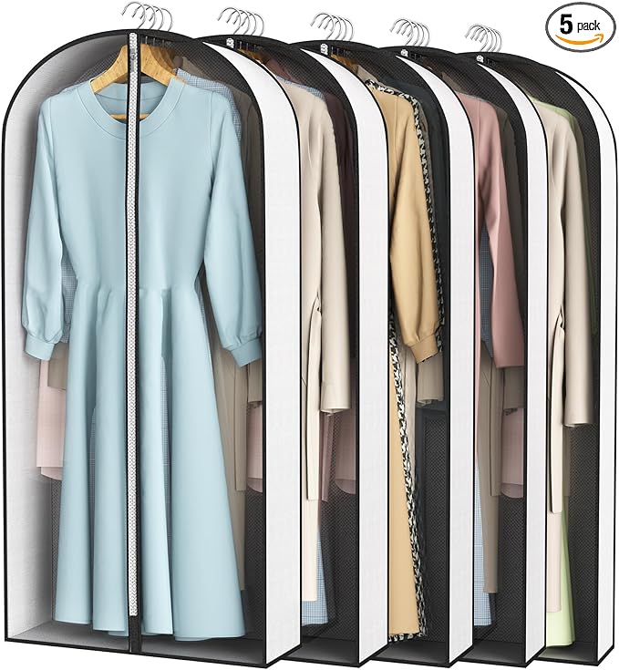 50” Garment Bags for Hanging Clothes 4” Gusseted - with Clear Window, Breathable Fabric, Metal Zipper, Suit Coat Long Dress Protector for Clothes Closet storage, Season Off, Moving, 5 Pack